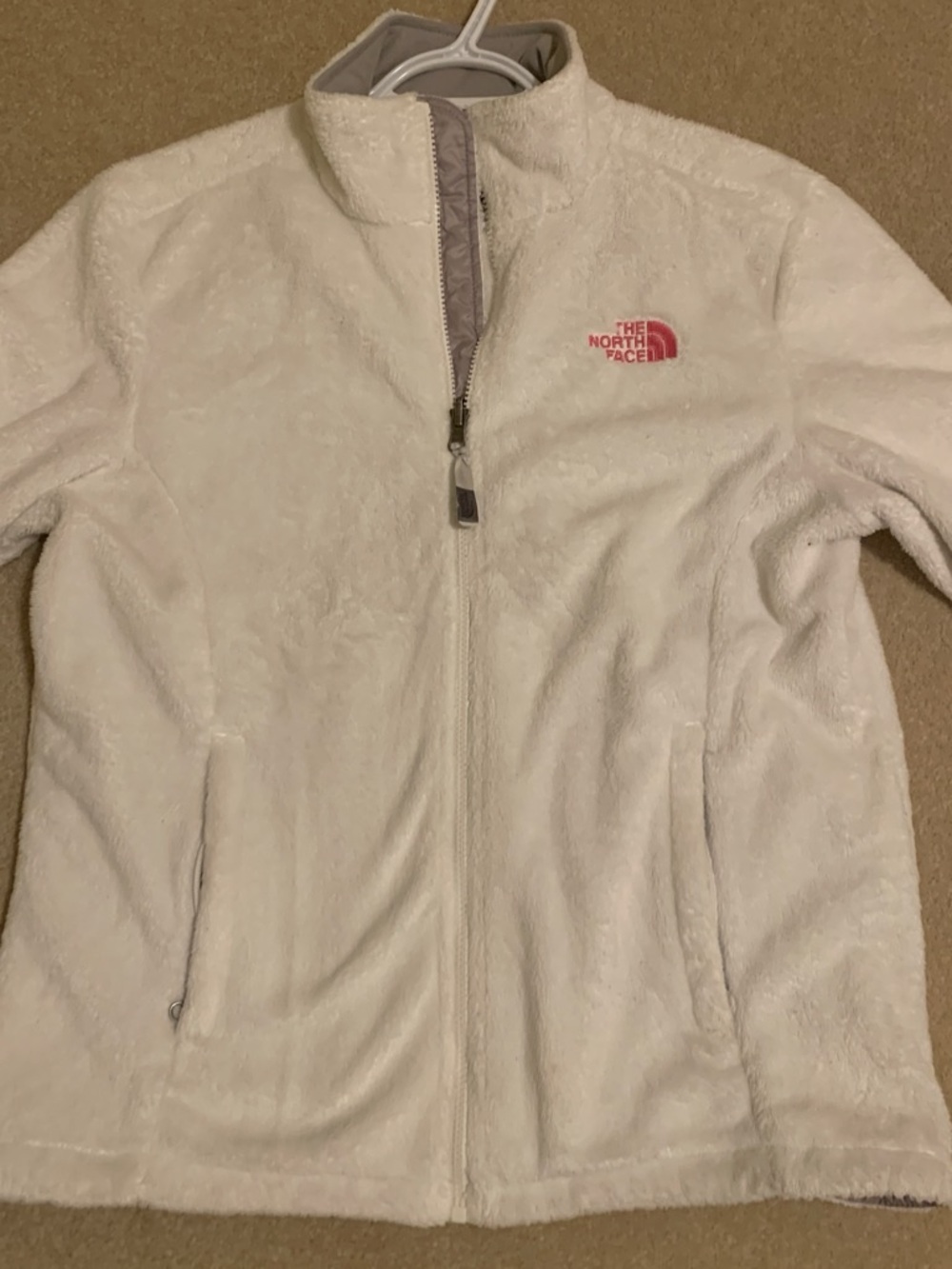 The North Face Women's White Teddy Fleece Jacket with Pink Logo